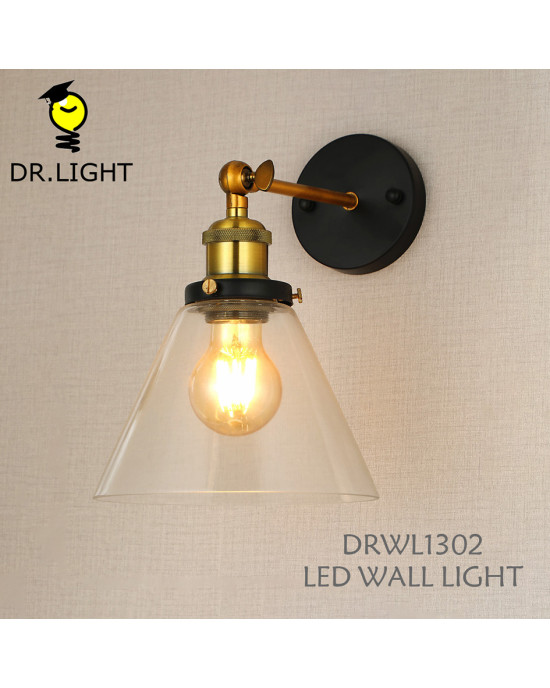 Industrial Adjustable Arm Clear Triangle Glass Wall Sconce, 3 Colors Black/Gold/Chrome Vintage Wall Light